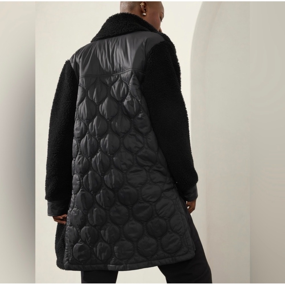 Athleta Fleece Hybrid Coat Black Sherpa Nylon Quilted Longline Funnel Neck Large - Picture 2 of 15
